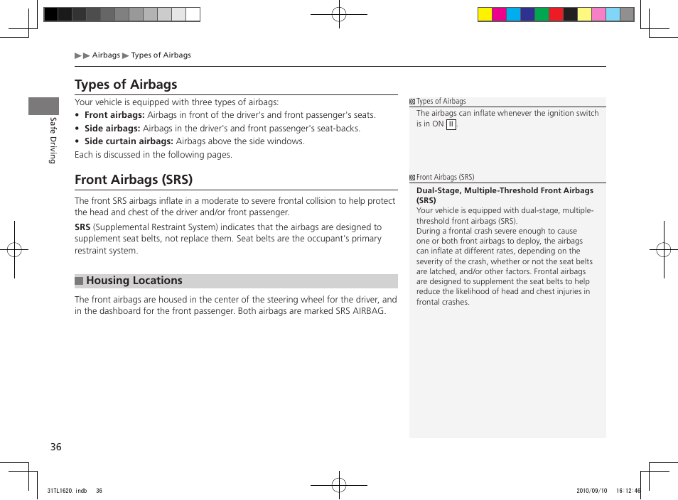 Front airbags (srs), Types of airbags | Acura 2011 TSX User Manual | Page 38 / 325