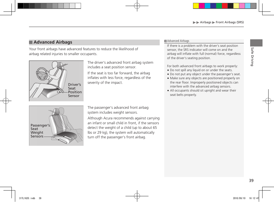 Advanced airbags | Acura 2011 TSX User Manual | Page 41 / 325