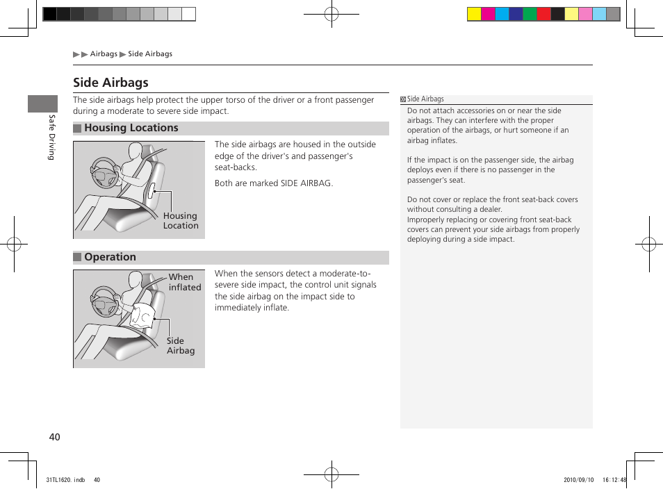 Side airbags | Acura 2011 TSX User Manual | Page 42 / 325