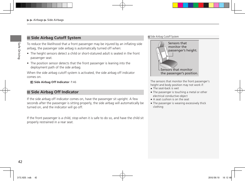 Side airbag cutoff system, Side airbag off indicator | Acura 2011 TSX User Manual | Page 44 / 325