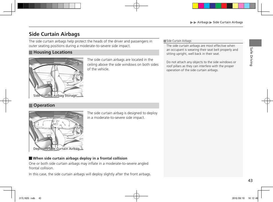 Side curtain airbags | Acura 2011 TSX User Manual | Page 45 / 325