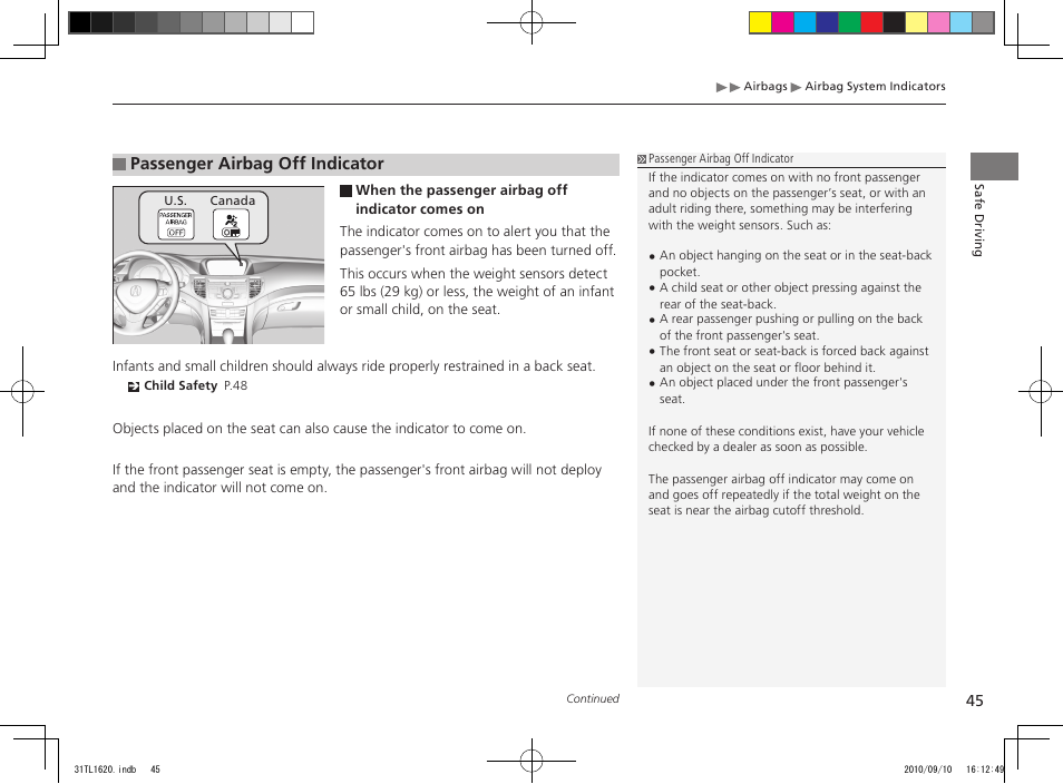 Passenger airbag off indicator | Acura 2011 TSX User Manual | Page 47 / 325