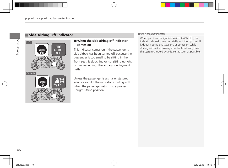 Side airbag off indicator | Acura 2011 TSX User Manual | Page 48 / 325