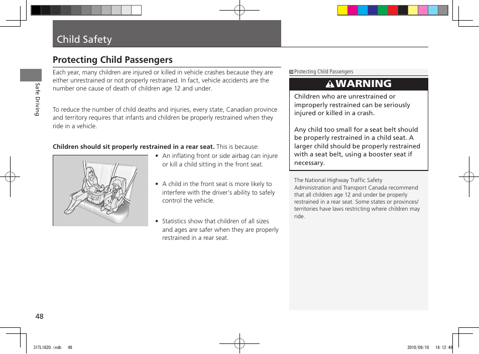 Child safety, Warning, Protecting child passengers | Acura 2011 TSX User Manual | Page 50 / 325