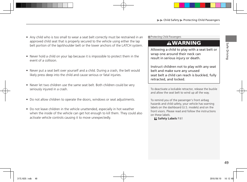 Warning | Acura 2011 TSX User Manual | Page 51 / 325