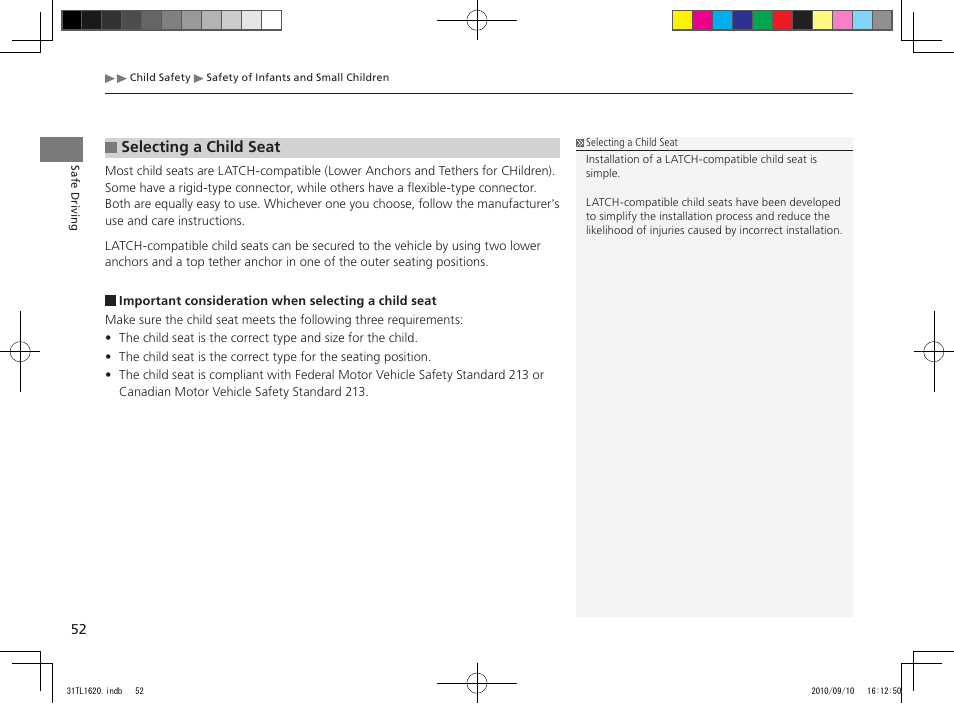 Selecting a child seat | Acura 2011 TSX User Manual | Page 54 / 325