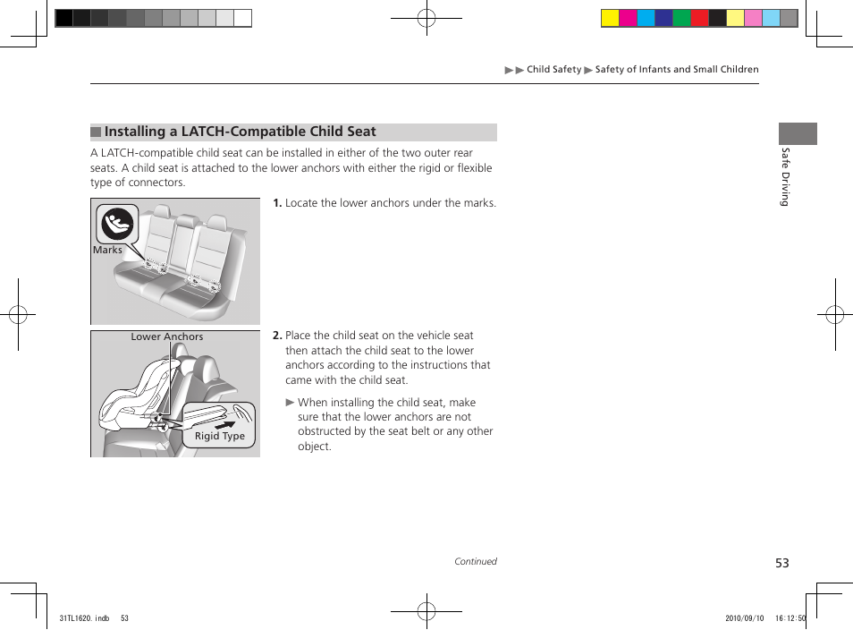Installing a latch-compatible child seat | Acura 2011 TSX User Manual | Page 55 / 325