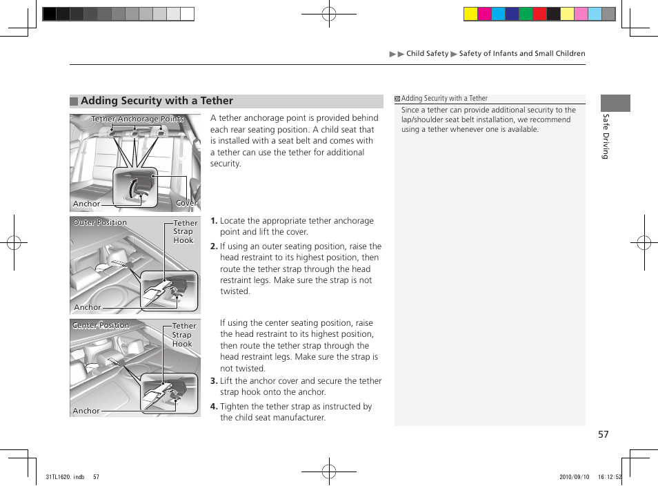 Adding security with a tether | Acura 2011 TSX User Manual | Page 59 / 325