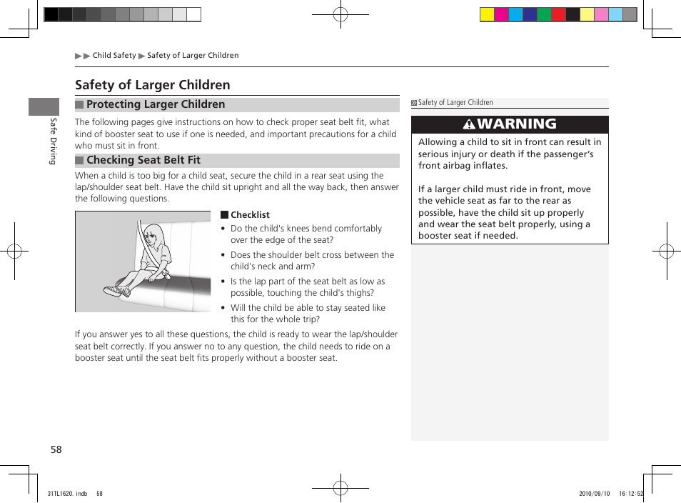 Warning, Safety of larger children | Acura 2011 TSX User Manual | Page 60 / 325