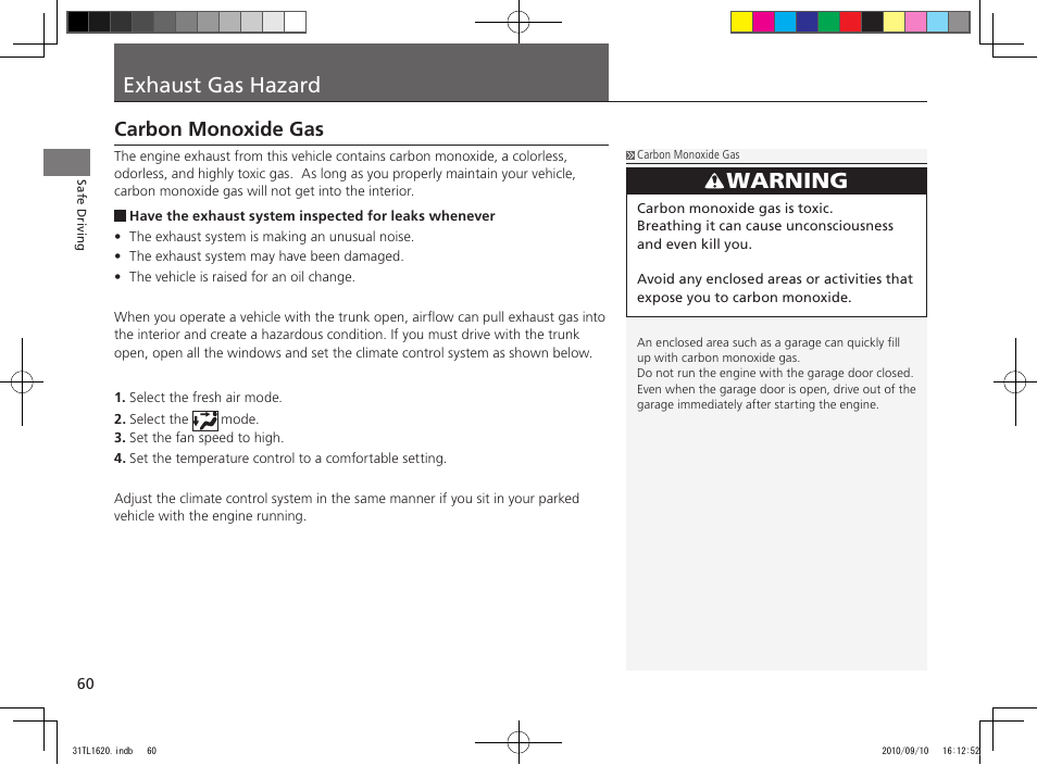 Exhaust gas hazard, Warning, Carbon monoxide gas | Acura 2011 TSX User Manual | Page 62 / 325
