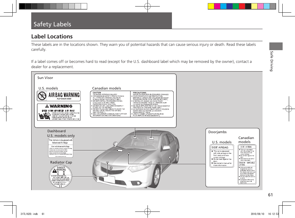 Safety labels, Label locations | Acura 2011 TSX User Manual | Page 63 / 325