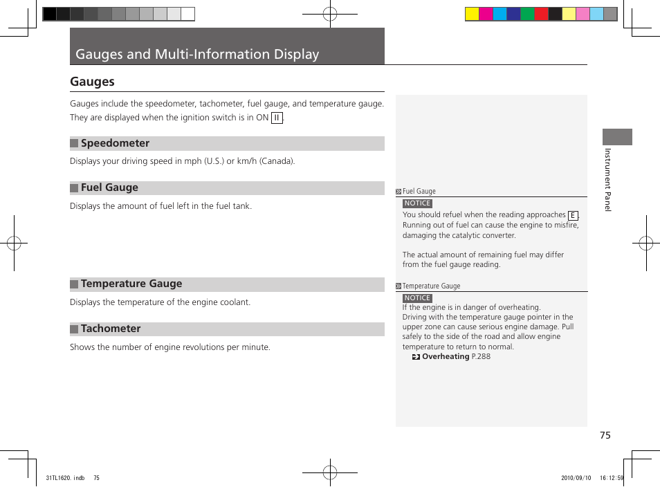 Gauges and multi-information display, Gauges | Acura 2011 TSX User Manual | Page 77 / 325