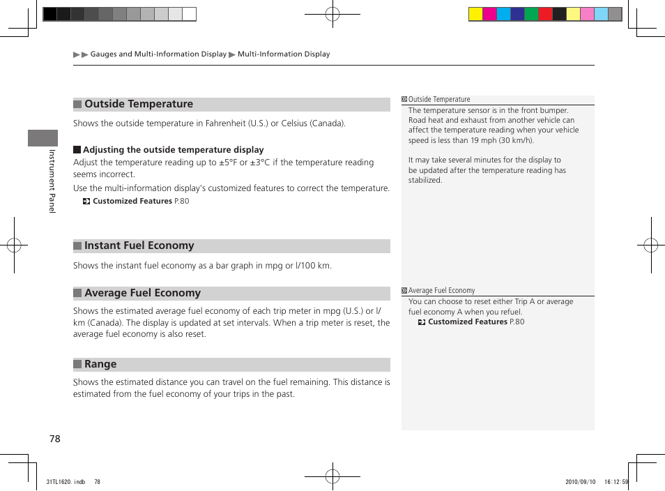 Outside temperature, Instant fuel economy, Average fuel economy | Range | Acura 2011 TSX User Manual | Page 80 / 325
