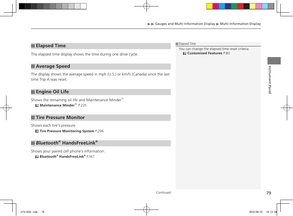 Elapsed time, Average speed, Engine oil life | Tire pressure monitor, Bluetooth, Handsfreelink | Acura 2011 TSX User Manual | Page 81 / 325