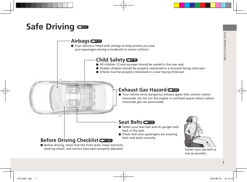 Safe driving, Before driving checklist, Airbags | Seat belts, Child safety, Exhaust gas hazard | Acura 2011 TSX User Manual | Page 9 / 325