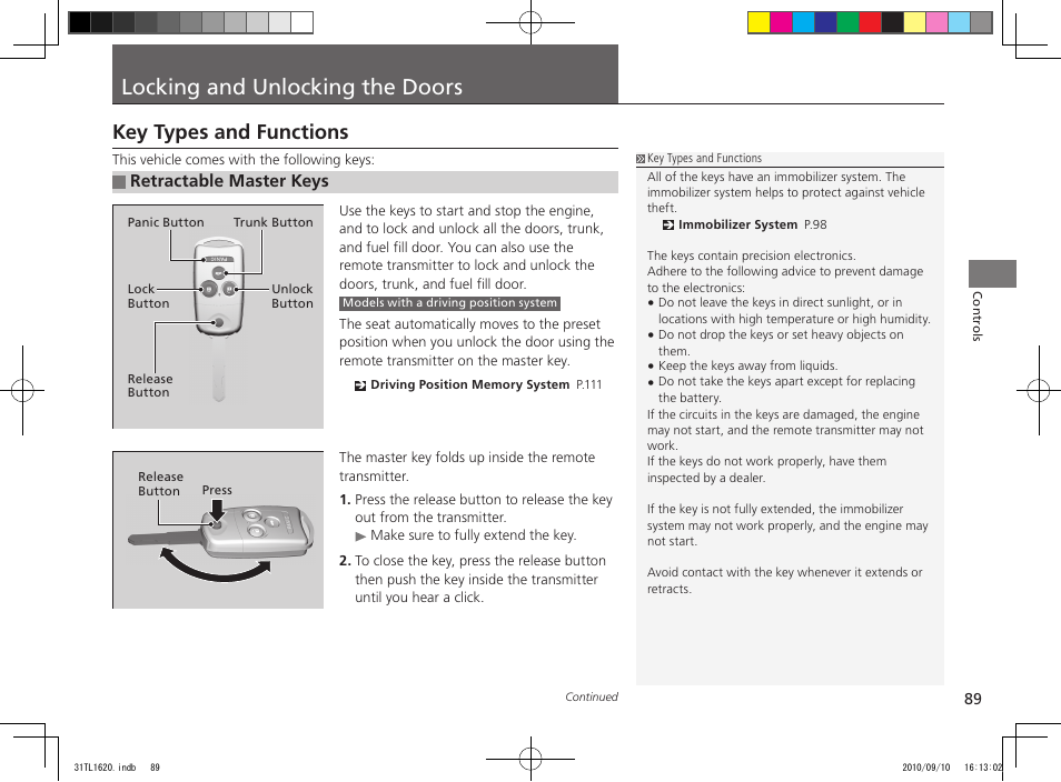 Locking and unlocking the doors, Key types and functions, Retractable master keys | Acura 2011 TSX User Manual | Page 91 / 325
