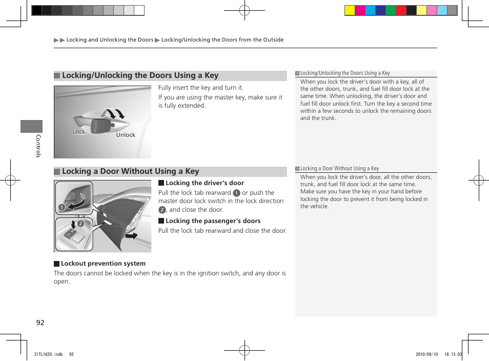 Locking/unlocking the doors using a key, Locking a door without using a key | Acura 2011 TSX User Manual | Page 94 / 325