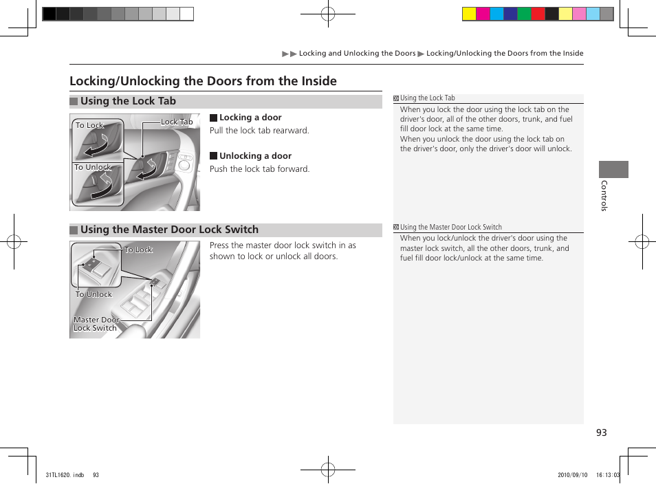 Locking/unlocking the doors from the inside | Acura 2011 TSX User Manual | Page 95 / 325