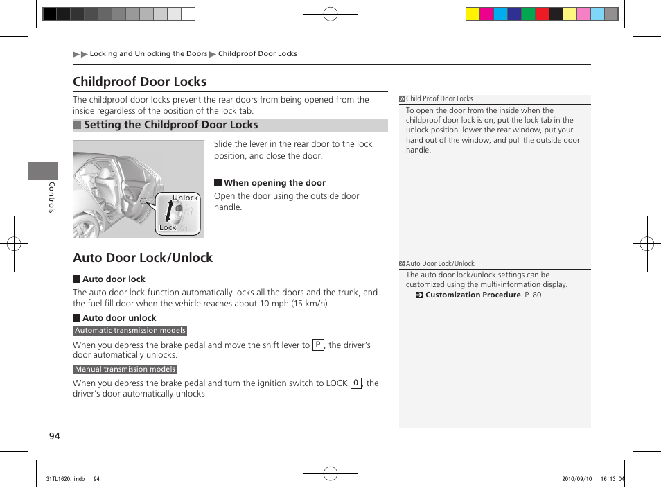 Childproof door locks, Auto door lock/unlock, Setting the childproof door locks | Acura 2011 TSX User Manual | Page 96 / 325