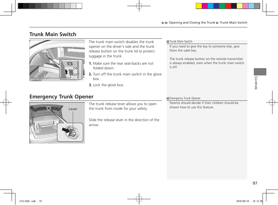 Trunk main switch, Emergency trunk opener | Acura 2011 TSX User Manual | Page 99 / 325