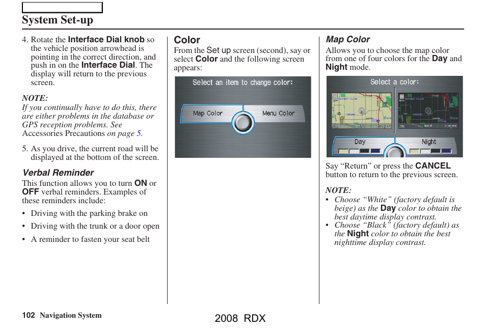 System set-up, 2008 rdx | Acura 2008 RDX Navigation User Manual | Page 102 / 160
