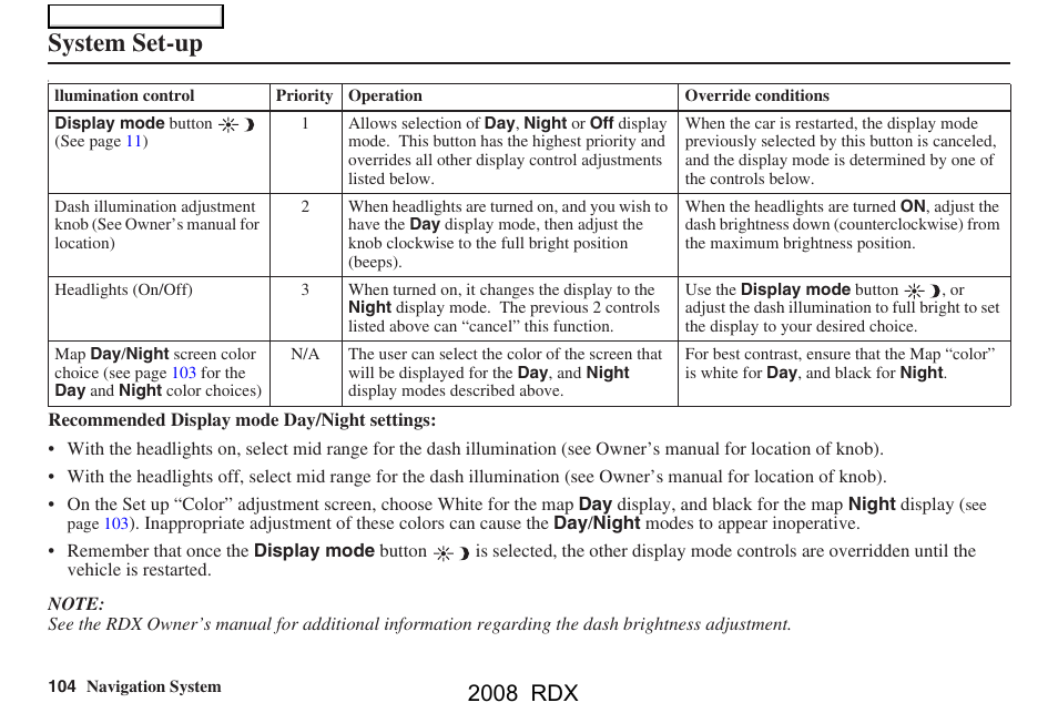 System set-up, 2008 rdx | Acura 2008 RDX Navigation User Manual | Page 104 / 160