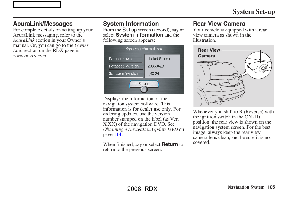 System set-up | Acura 2008 RDX Navigation User Manual | Page 105 / 160