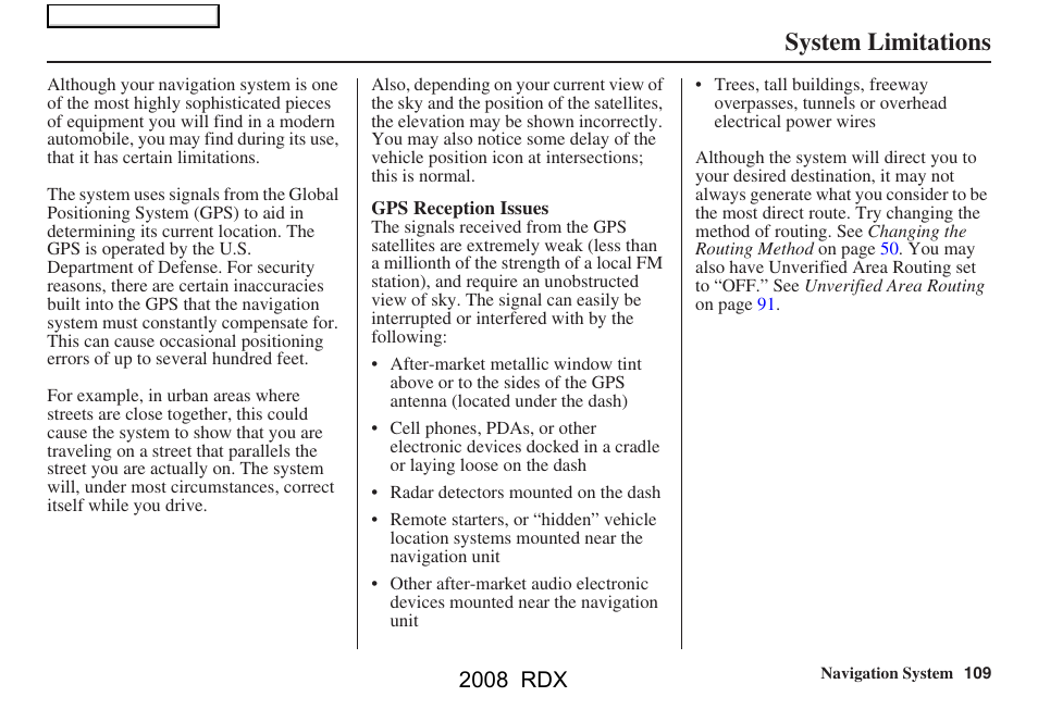 System limitations, 2008 rdx | Acura 2008 RDX Navigation User Manual | Page 109 / 160