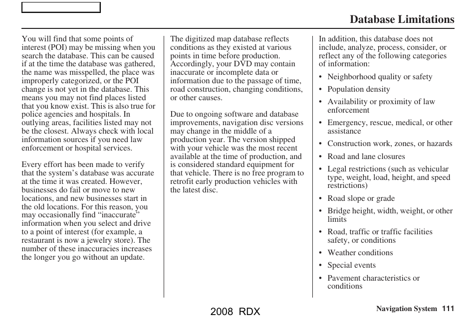 Database limitations, 2008 rdx | Acura 2008 RDX Navigation User Manual | Page 111 / 160