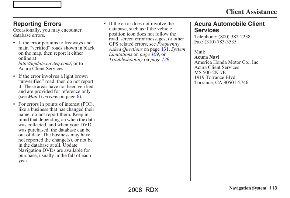Client assistance, 2008 rdx | Acura 2008 RDX Navigation User Manual | Page 113 / 160