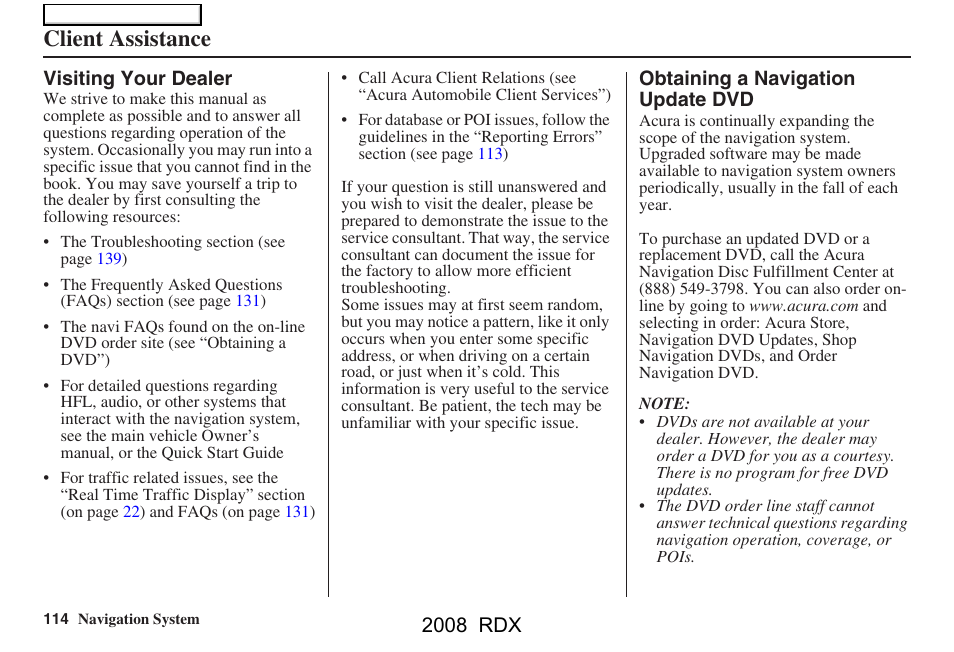 Client assistance, 2008 rdx | Acura 2008 RDX Navigation User Manual | Page 114 / 160
