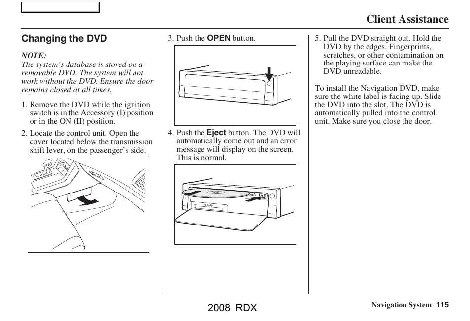 Client assistance, 2008 rdx | Acura 2008 RDX Navigation User Manual | Page 115 / 160