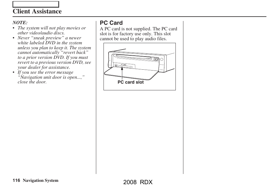 Client assistance | Acura 2008 RDX Navigation User Manual | Page 116 / 160