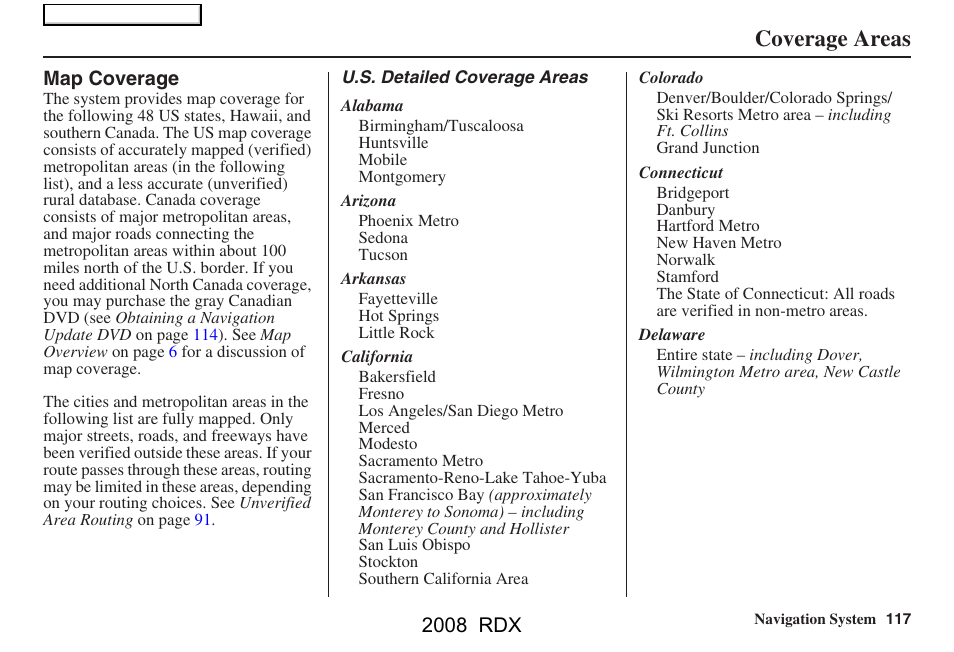 Coverage areas, 2008 rdx | Acura 2008 RDX Navigation User Manual | Page 117 / 160