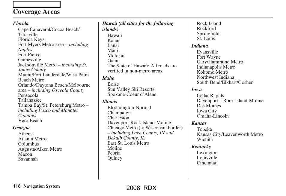 Coverage areas, 2008 rdx | Acura 2008 RDX Navigation User Manual | Page 118 / 160