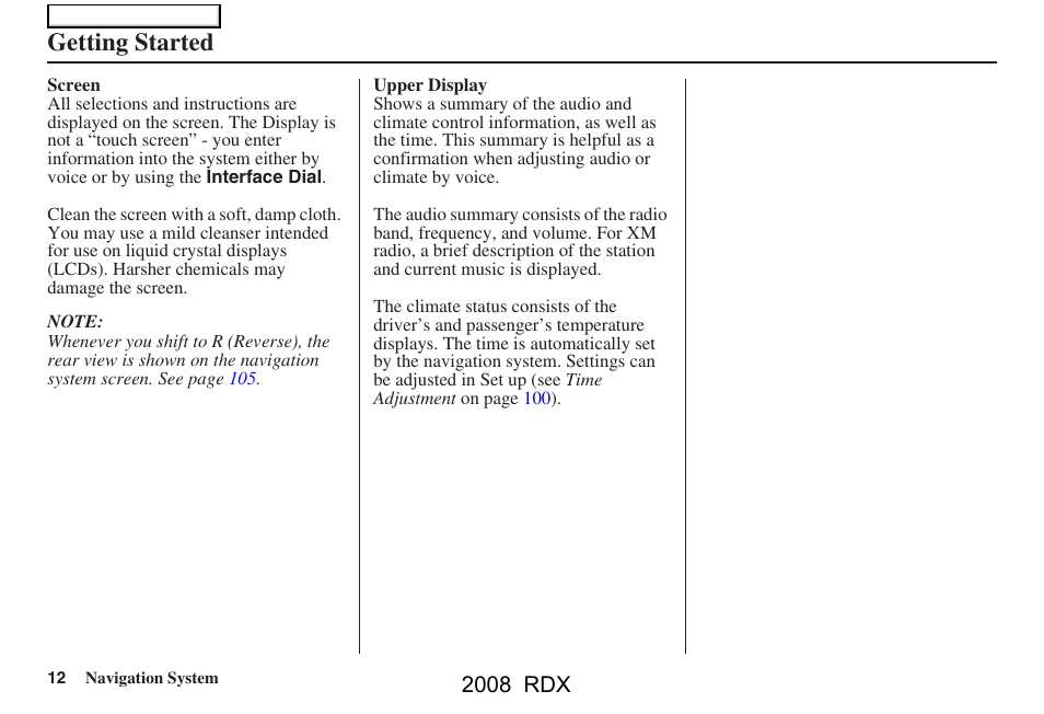 Getting started, 2008 rdx | Acura 2008 RDX Navigation User Manual | Page 12 / 160