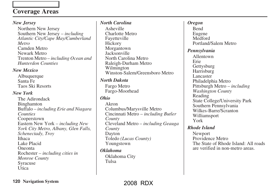 Coverage areas, 2008 rdx | Acura 2008 RDX Navigation User Manual | Page 120 / 160
