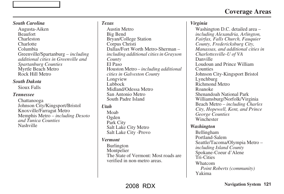 Coverage areas, 2008 rdx | Acura 2008 RDX Navigation User Manual | Page 121 / 160