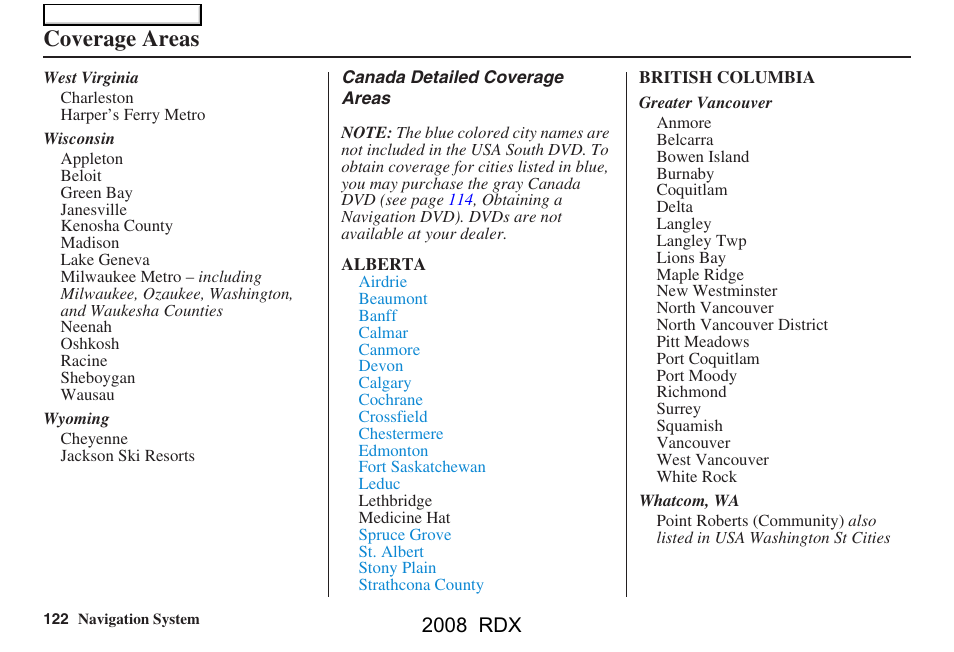 Coverage areas, 2008 rdx | Acura 2008 RDX Navigation User Manual | Page 122 / 160