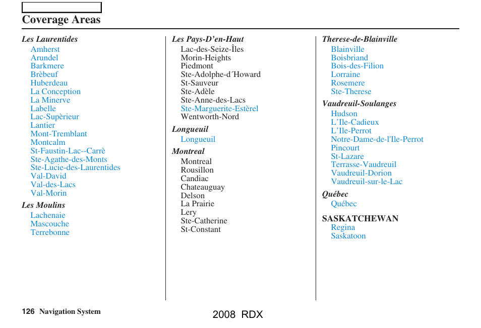 Coverage areas, 2008 rdx | Acura 2008 RDX Navigation User Manual | Page 126 / 160