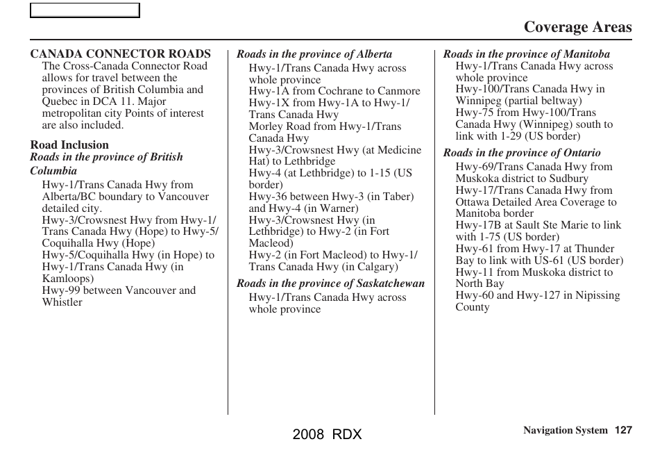 Coverage areas, 2008 rdx | Acura 2008 RDX Navigation User Manual | Page 127 / 160
