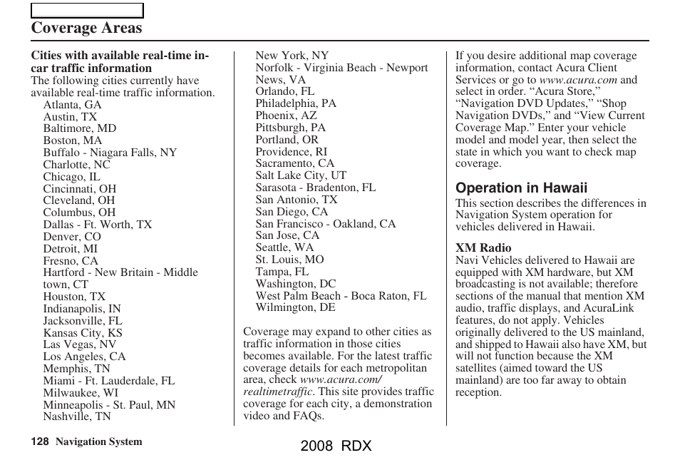 Coverage areas | Acura 2008 RDX Navigation User Manual | Page 128 / 160