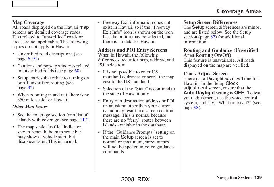 Coverage areas, 2008 rdx | Acura 2008 RDX Navigation User Manual | Page 129 / 160