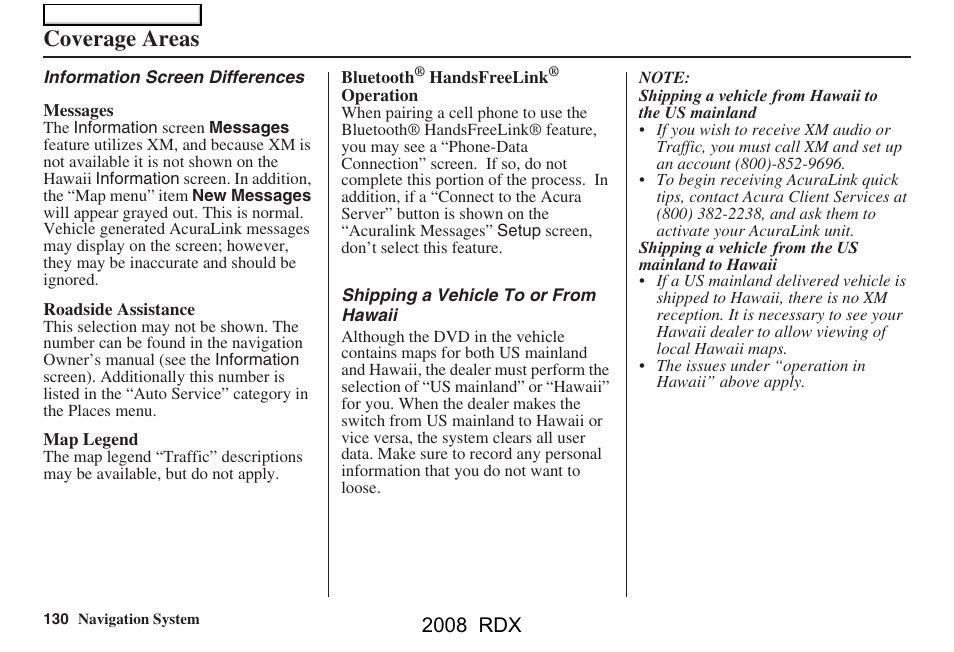 Coverage areas, 2008 rdx | Acura 2008 RDX Navigation User Manual | Page 130 / 160