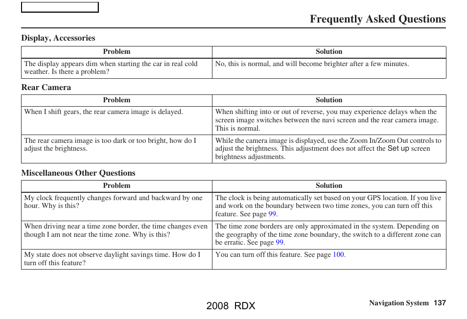 Frequently asked questions, 2008 rdx | Acura 2008 RDX Navigation User Manual | Page 137 / 160