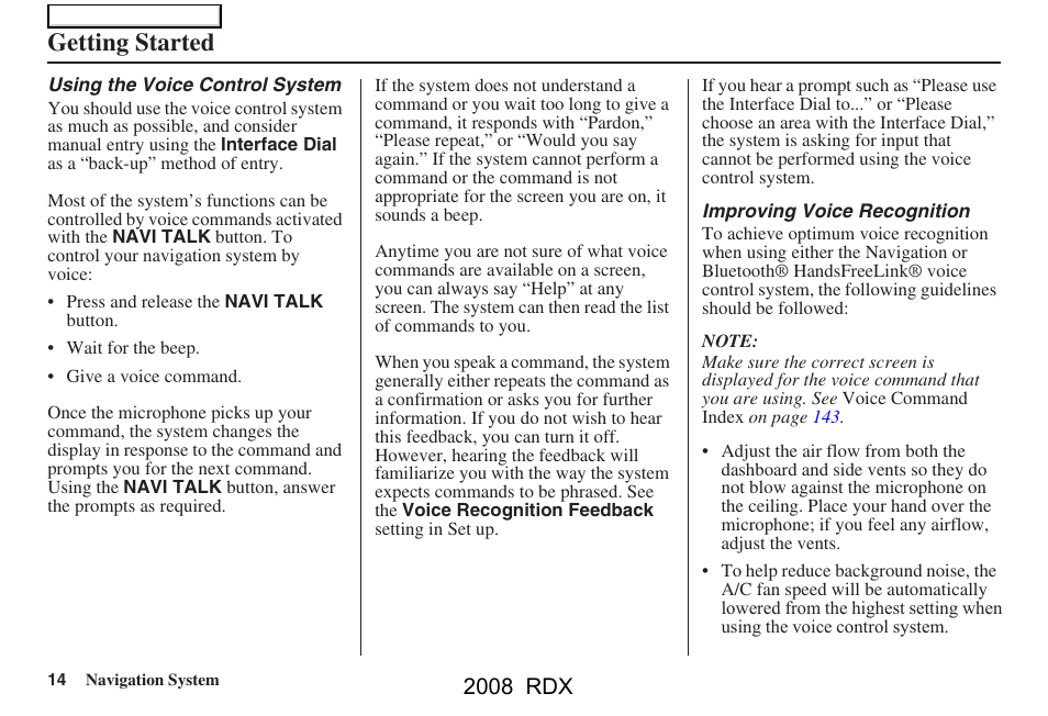 Getting started, 2008 rdx | Acura 2008 RDX Navigation User Manual | Page 14 / 160