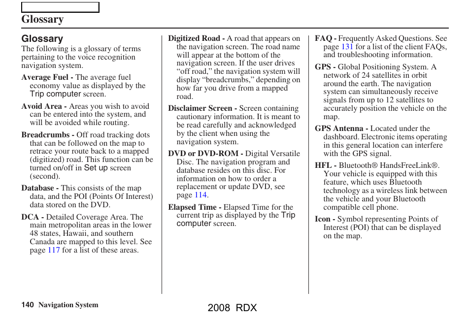Glossary, 2008 rdx | Acura 2008 RDX Navigation User Manual | Page 140 / 160