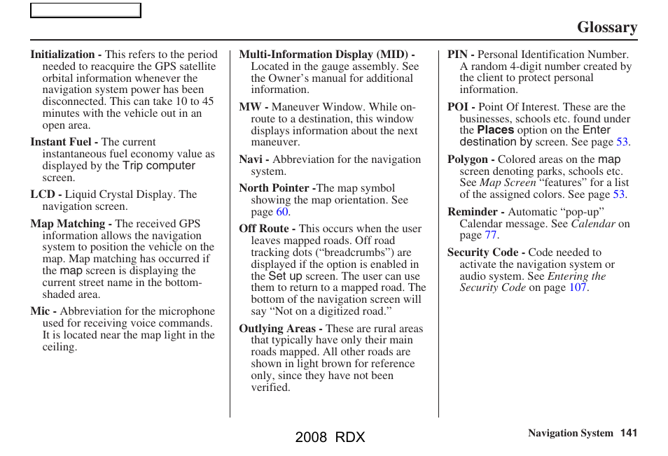 Glossary, 2008 rdx | Acura 2008 RDX Navigation User Manual | Page 141 / 160