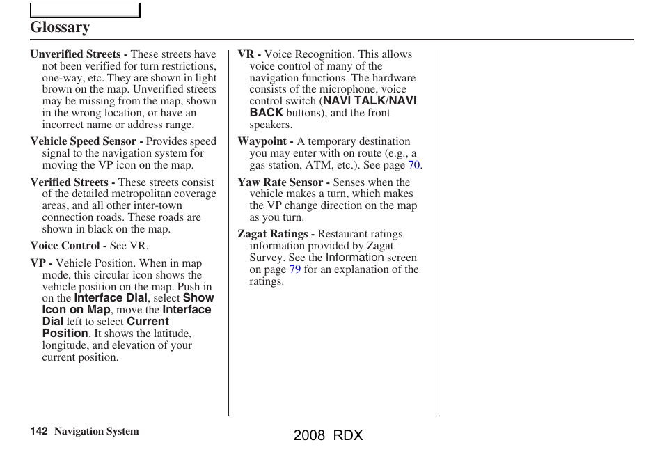 Glossary, 2008 rdx | Acura 2008 RDX Navigation User Manual | Page 142 / 160