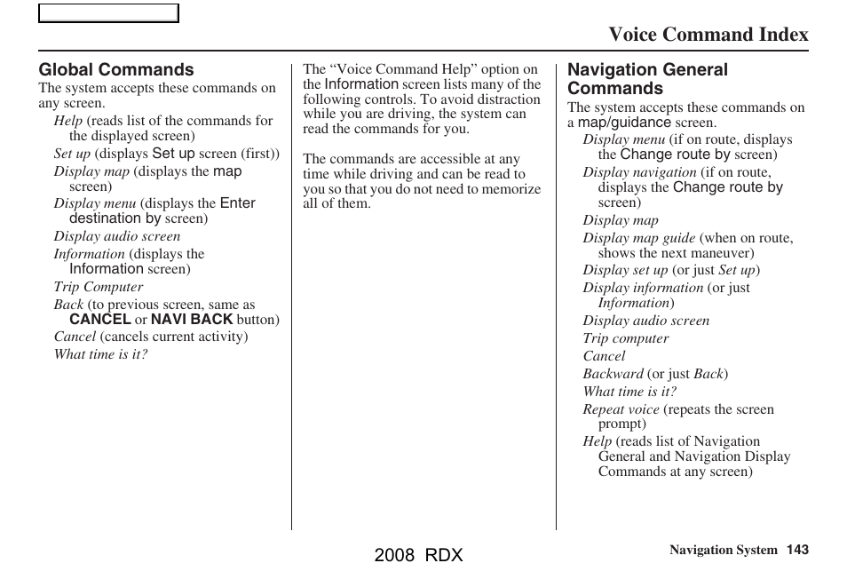 Voice command index, 2008 rdx | Acura 2008 RDX Navigation User Manual | Page 143 / 160